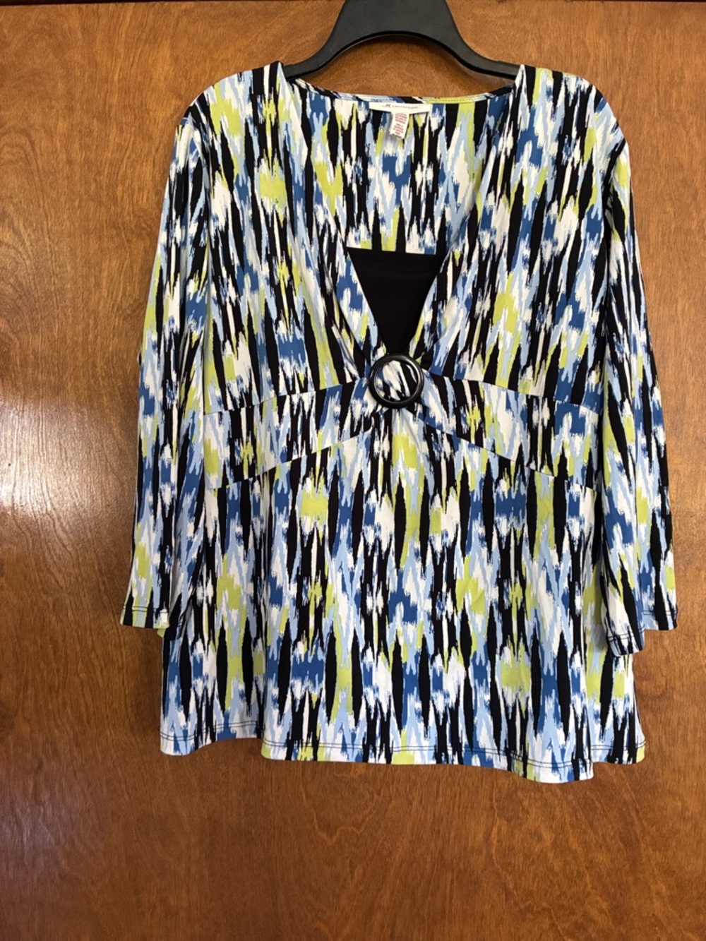 JM Collection V-Neck Ring-Front Tunic in Black, Blue & Lime
